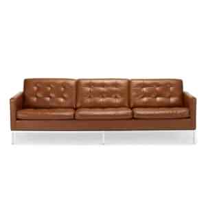 3 seater brown reddish leather sofa on metal legs