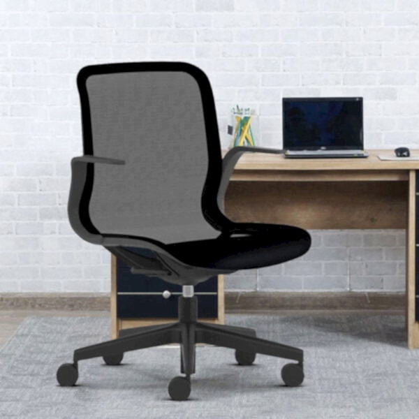black office chair with wheels and mesh style fabric back for office work