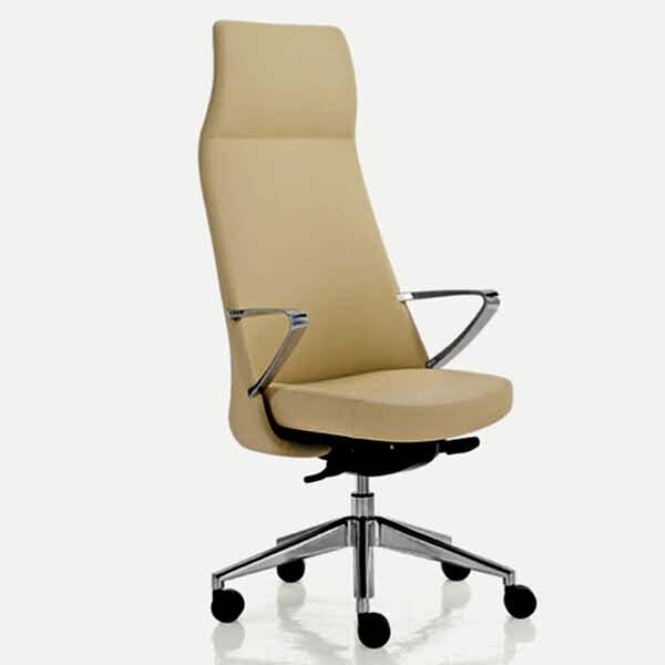 Executive chair with a tall back on wheels in beige color