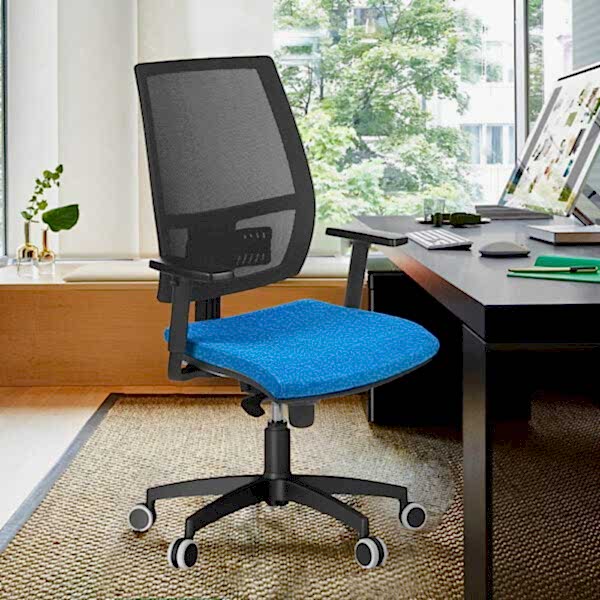 Office chair with blue seat in a modern interior design