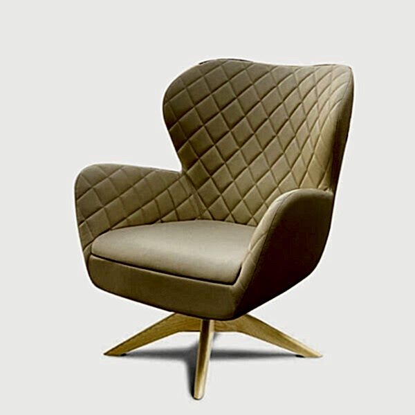 Rotatable swivel chair with comfortable tall back and natural light color wooden leg