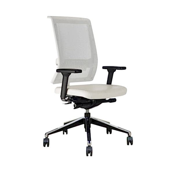 Height-adjustable office chair with wheels, accommodating users of different heights.