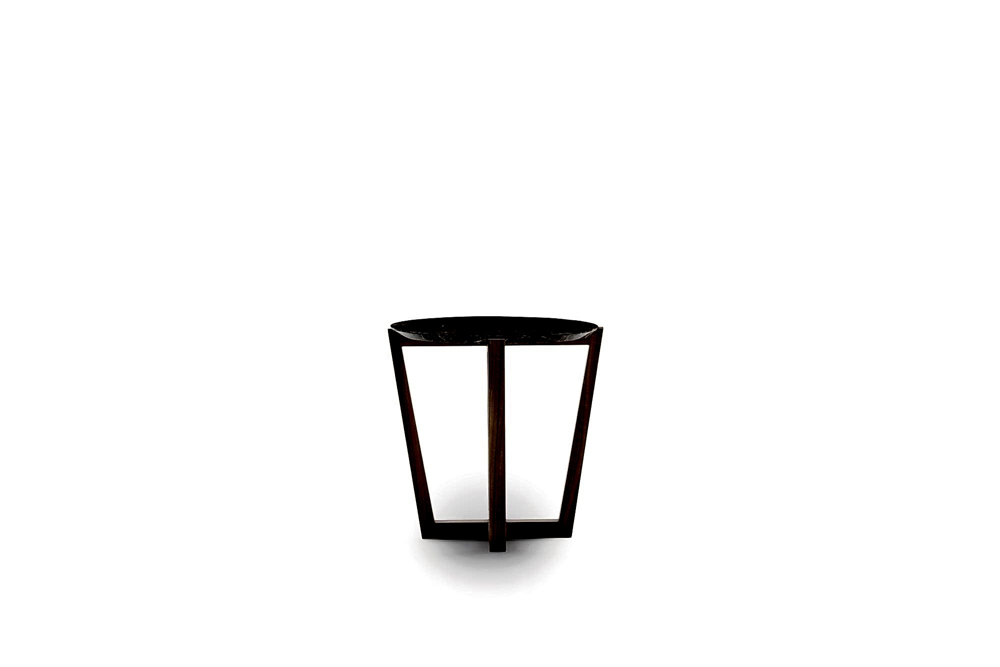 Circular coffee table with a sleek marble top and a sturdy wooden base.