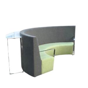 Curved office sofa with tall back and with a built-in console on the back