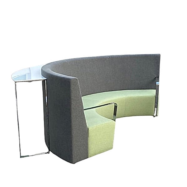 Curved office sofa with tall back and with a built-in console on the back