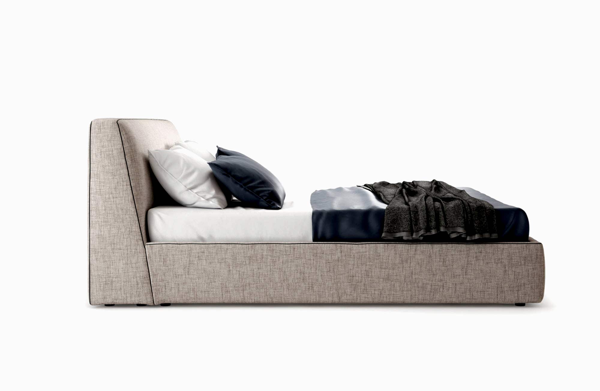 Large beige fabric bed for master bedroom
