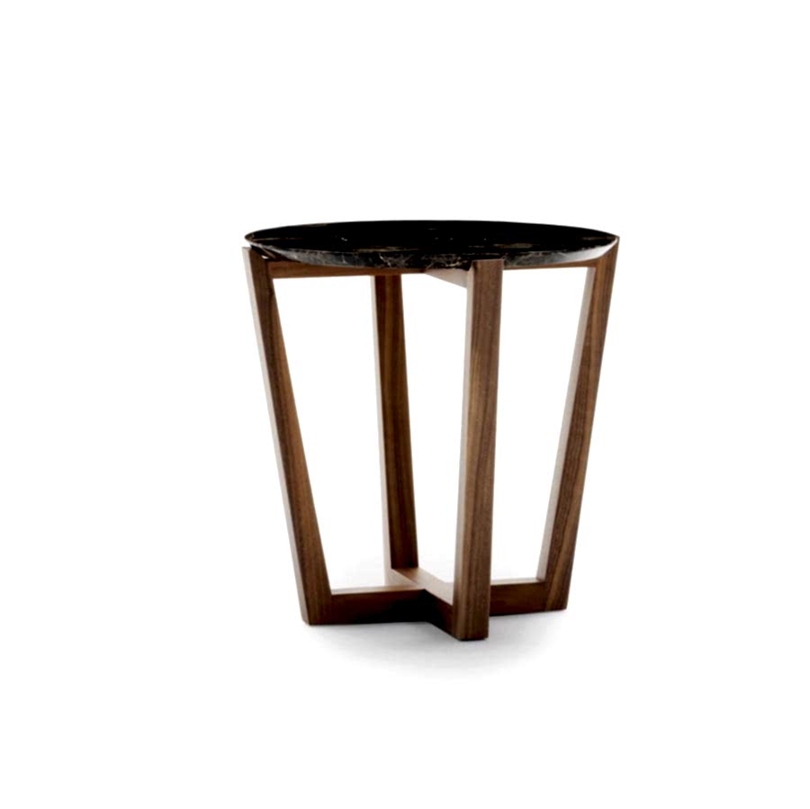 A wooden based coffee table with a circular marble top.