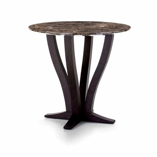 round coffee table with a marble top on a curved legs