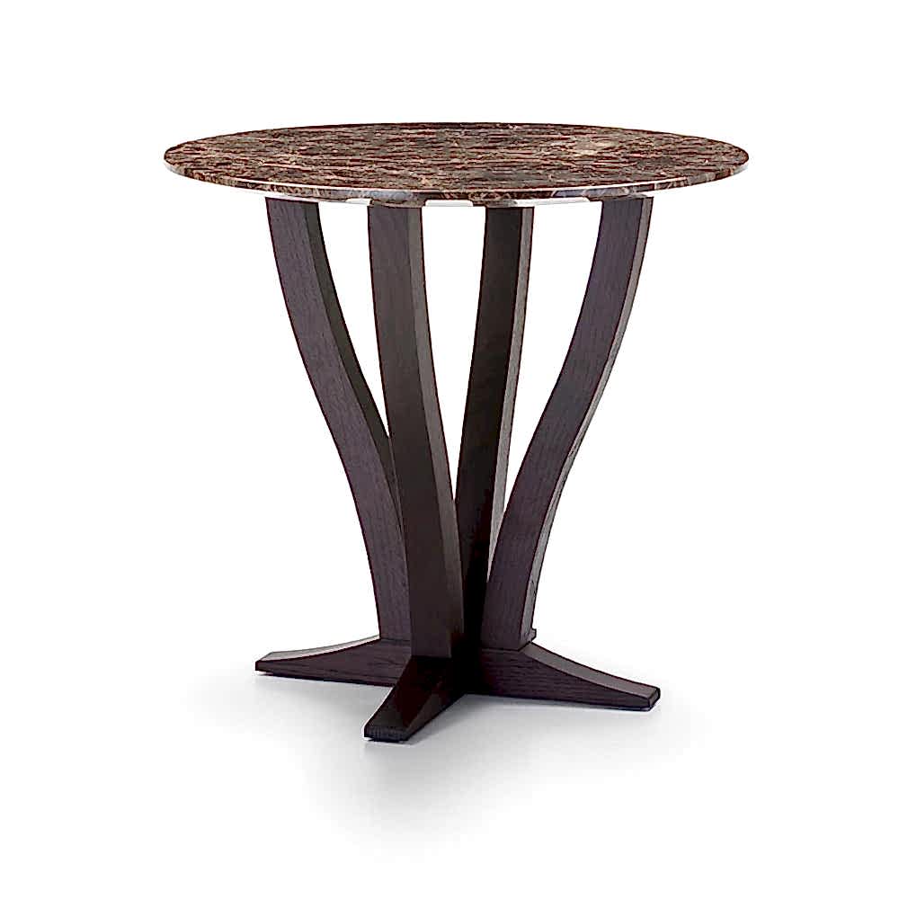 round coffee table with a marble top on a curved legs