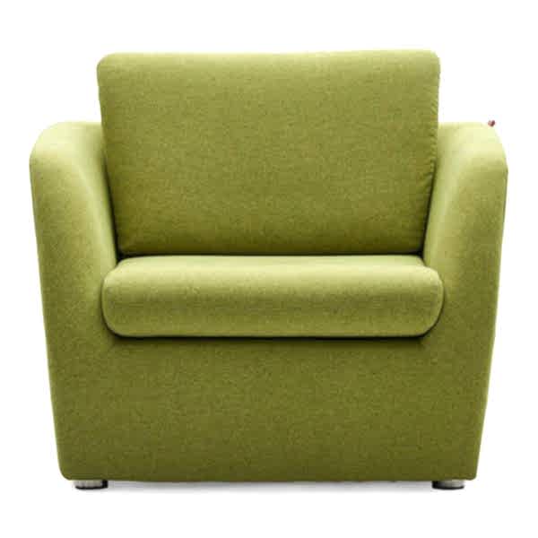 armchair, designed with a subtle sloped silhouette.