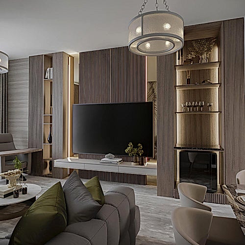 A stylish modern TV wall in a living room interior design in a high-end apartment in Dubai