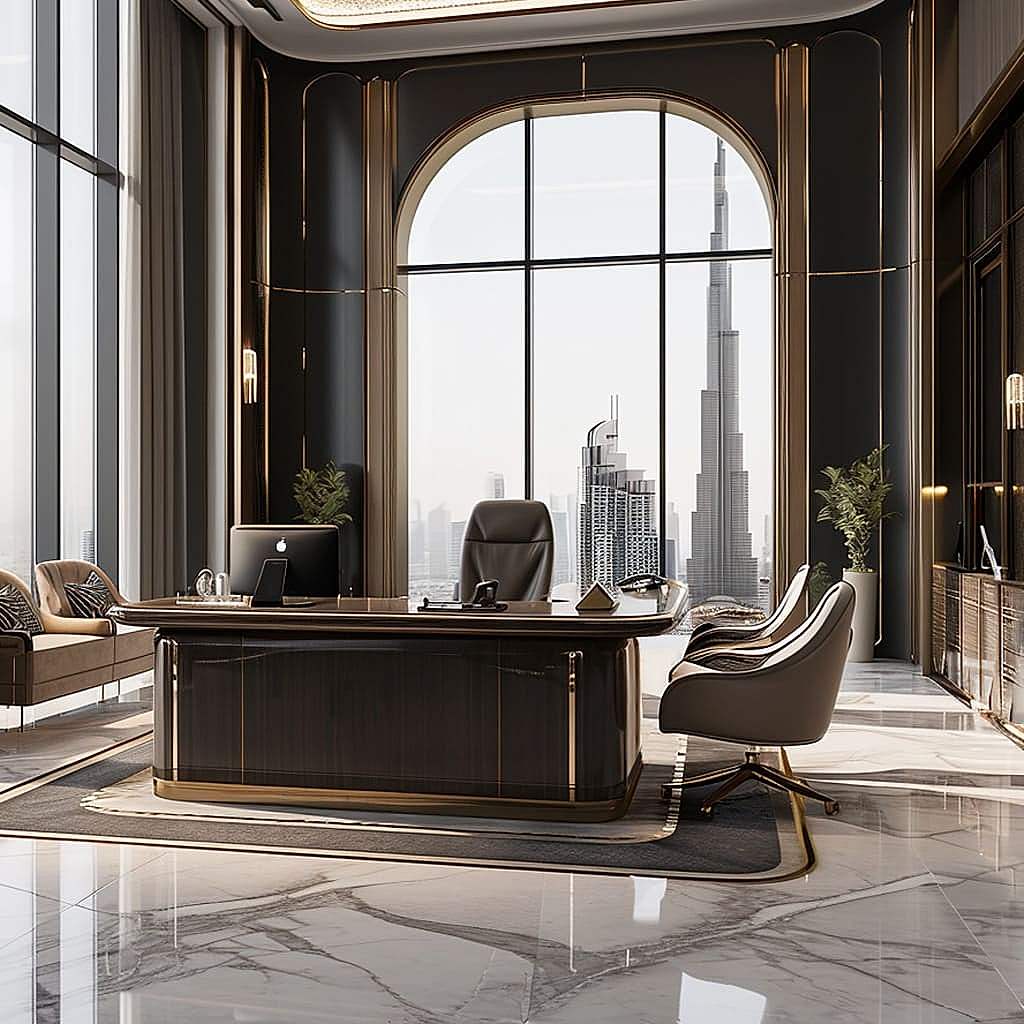 A high-end executive workspace that offers comfort, functionality, and a touch of extravagance.
