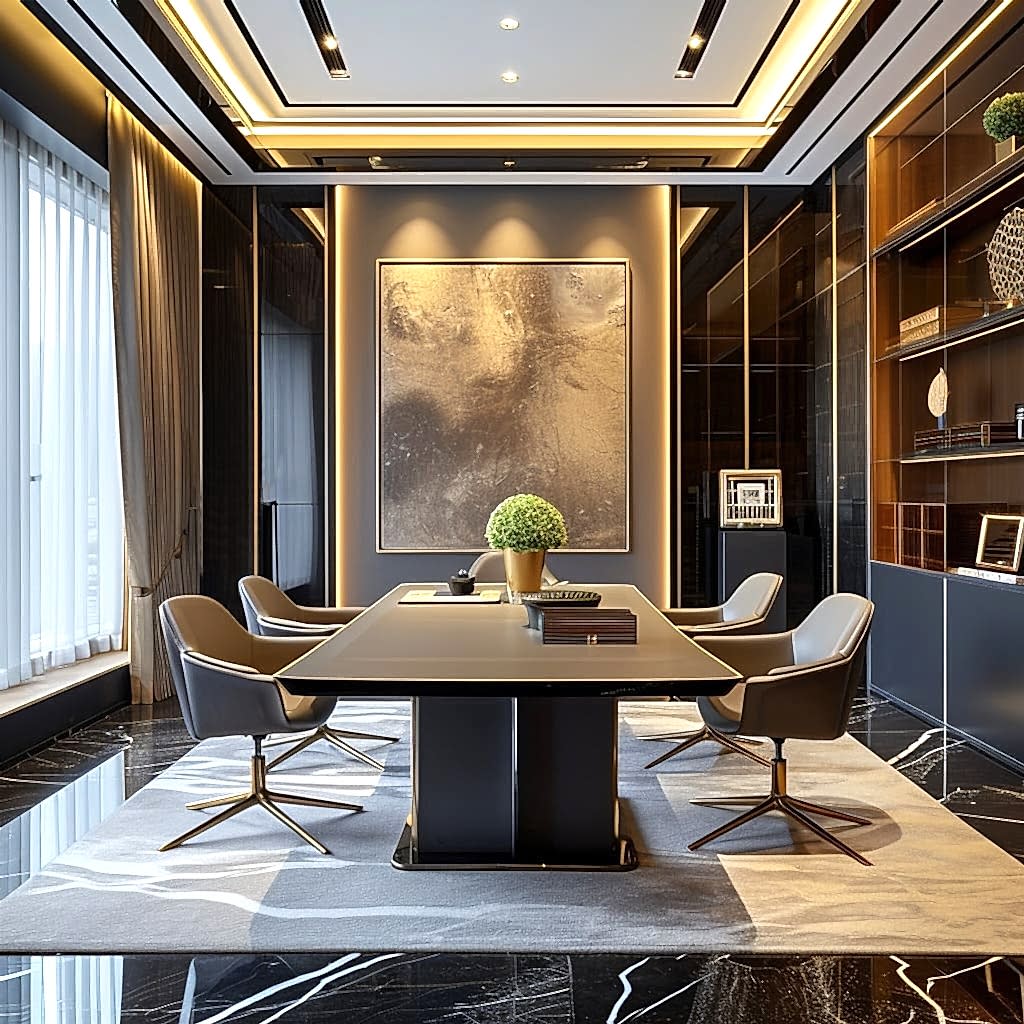 A high-profile meeting room, boasting modern sophistication and attention-grabbing details.