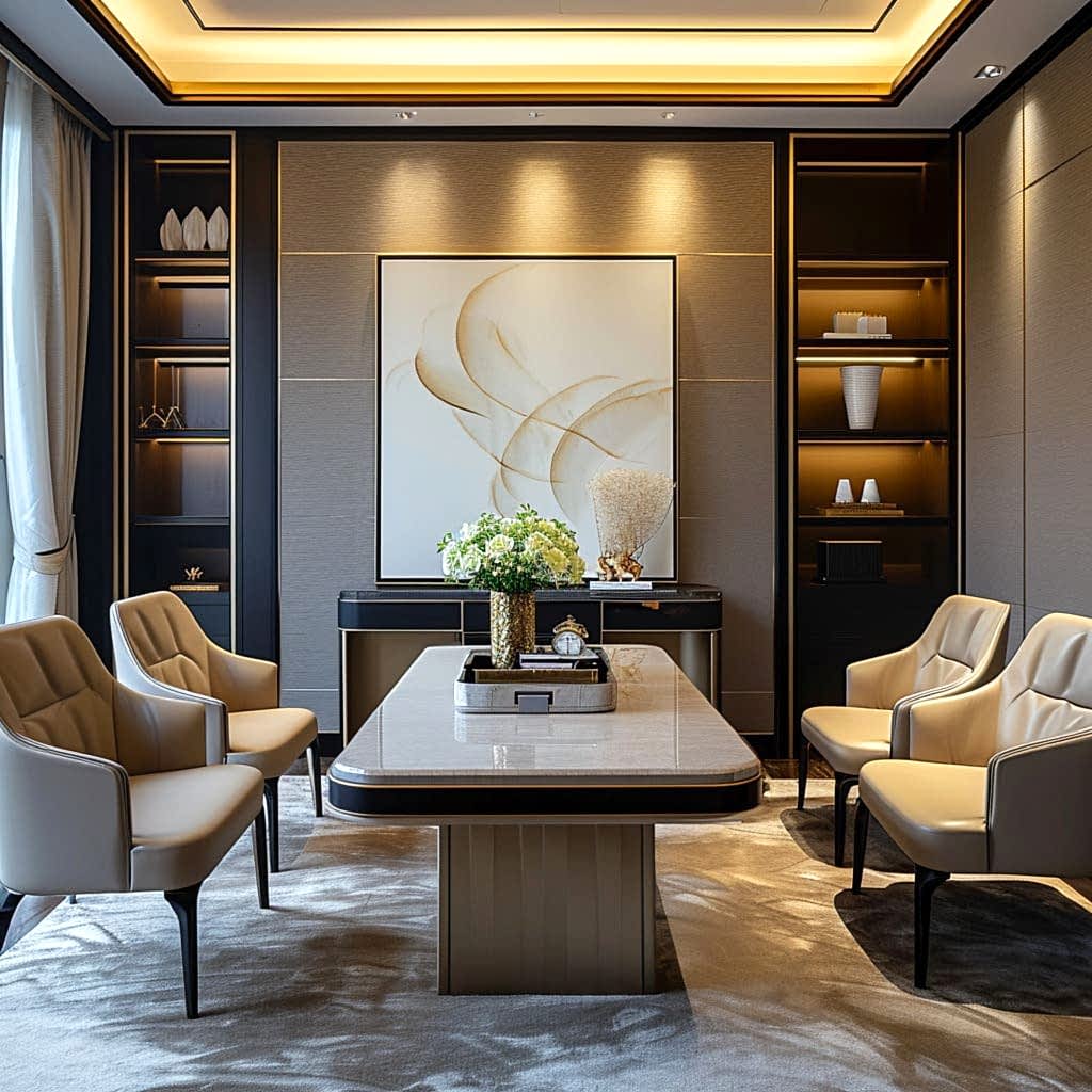 Luxury interior design with modern desk and chairs.
