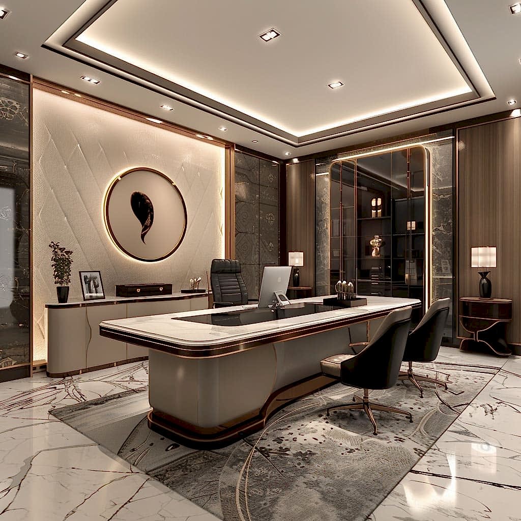 An elegant blend of contemporary and traditional elements creates a luxurious manager workspace.
