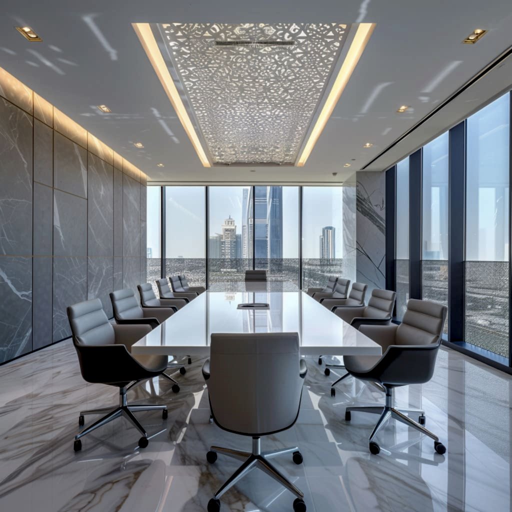 Attention to detail is evident in every aspect of the office interior, from the lighting fixtures to the artwork.