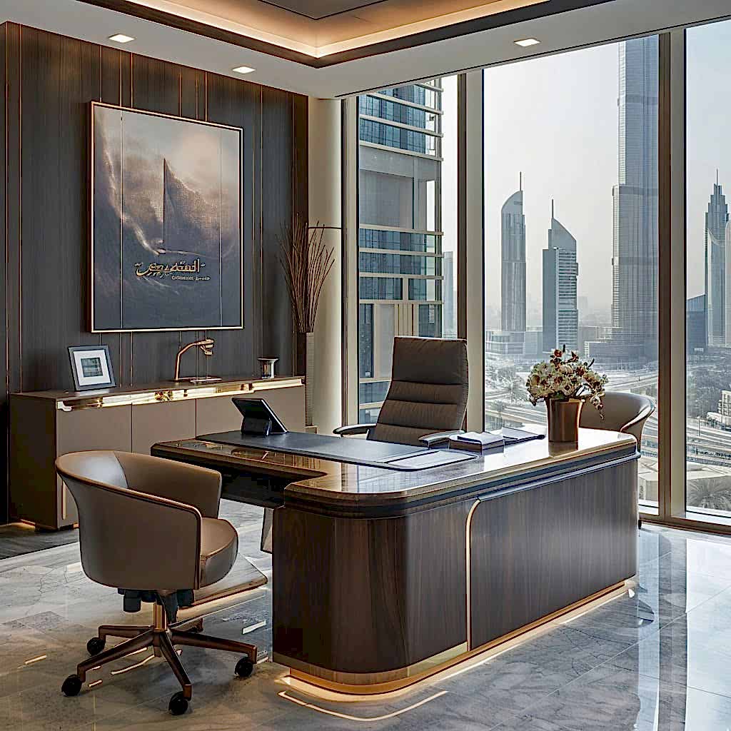 The modern luxury CEO room interior design in Dubai exudes sophistication and opulence.