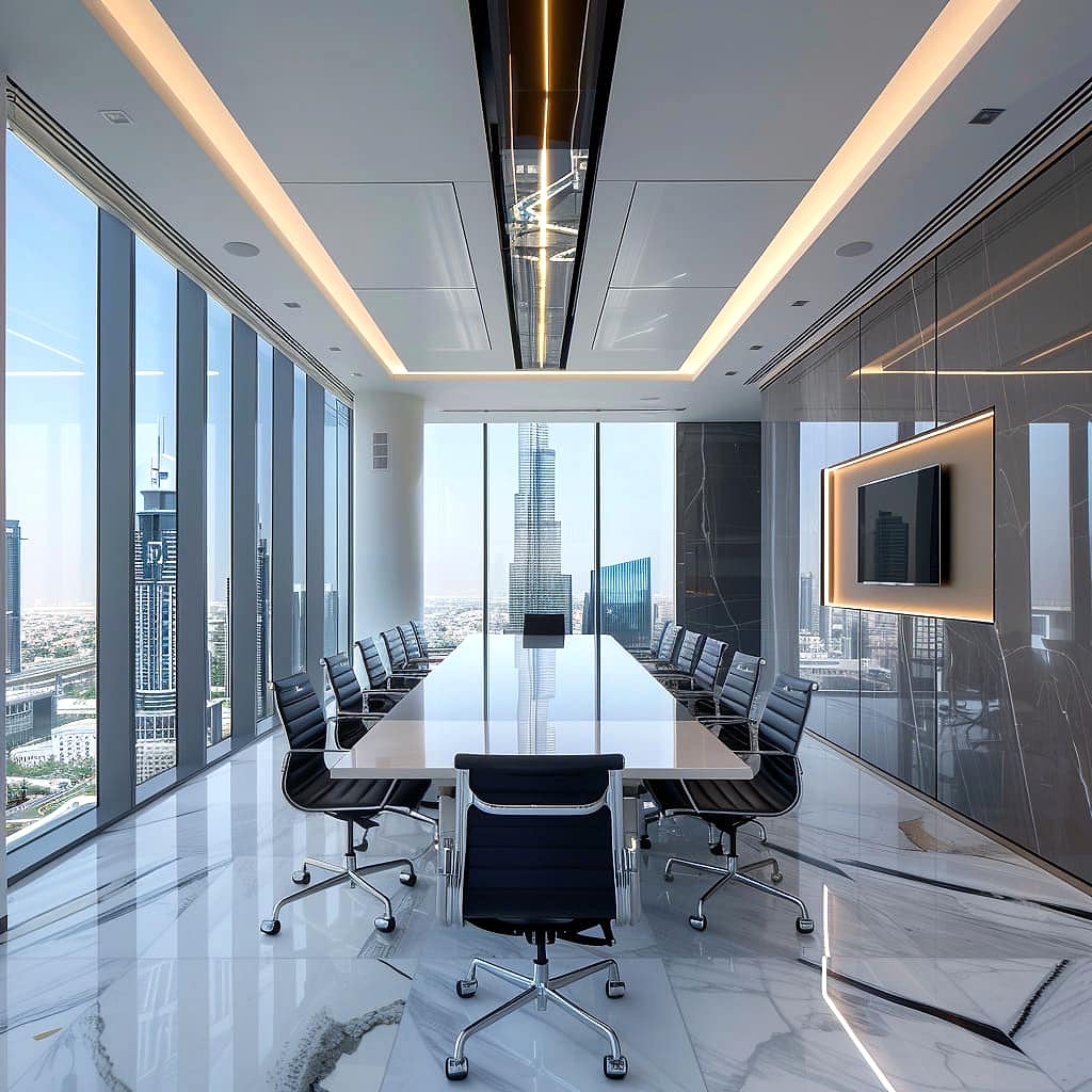 The white marble meeting room design incorporates state-of-the-art technology for seamless functionality.