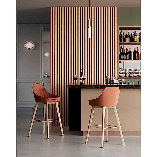 Comfortable high stool with a moulded foam seat and wood-reinforced upholstery.