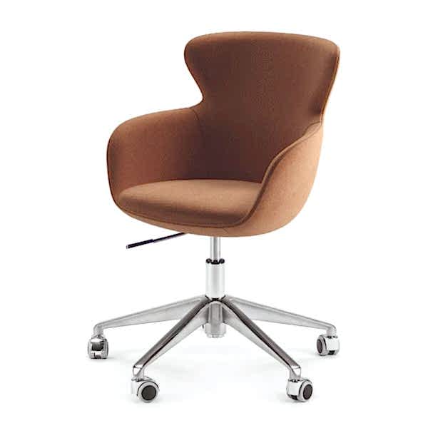 Fabric-upholstered chair in warm brown tones