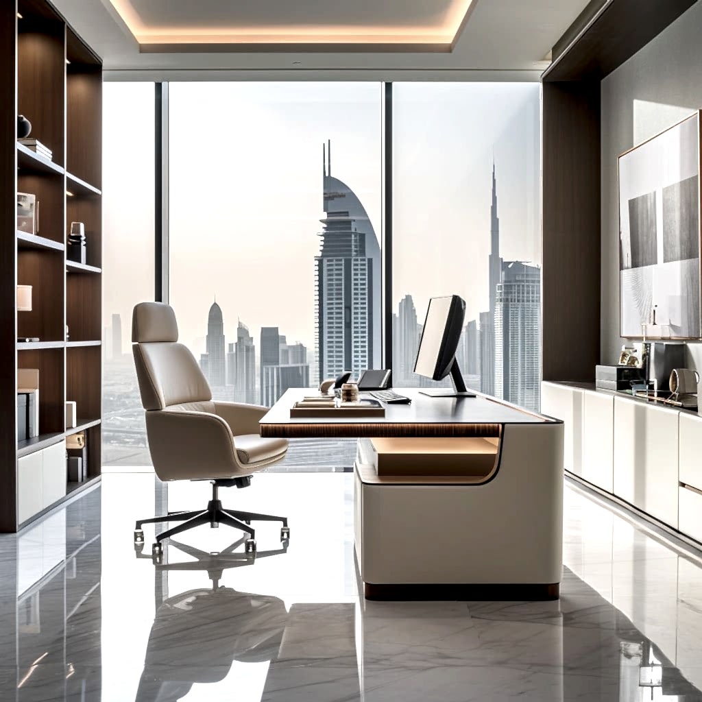 Professional presence with a manager workspace with view to Dubai Downtown that showcases opulent furnishings and sleek design.