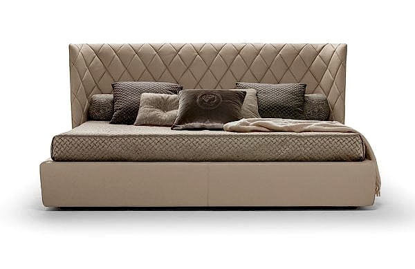 a grand, luxurious bed with diamond-shaped stitching on the curved headboard, perfect for creating an opulent and sophisticated atmosphere